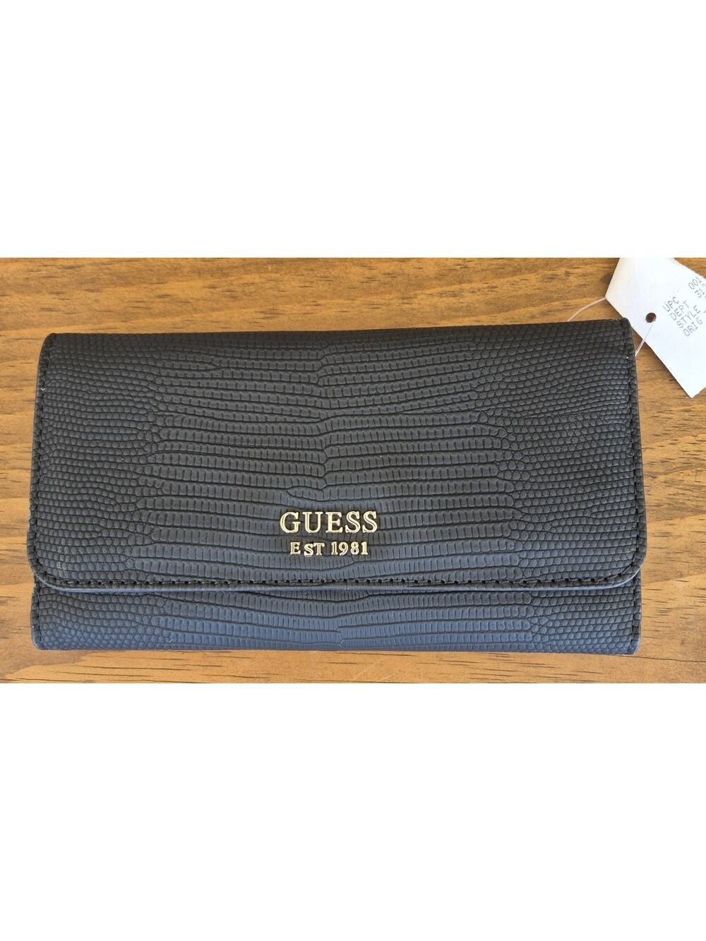 Guess Lyndi Slim Clutch Black Wallet Faux Lizard Leather Textured
